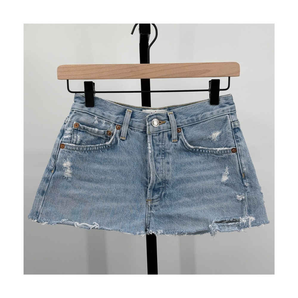 Agolde Light Blue Distressed Denim Mini Skirt